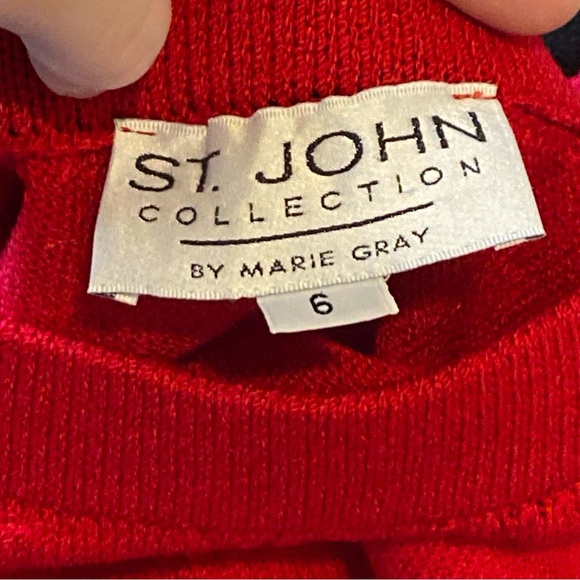St. John Collection Red with Cream Accents Knit Skirt Suit Jacket 8 Skirt 6 - Picture 7 of 11